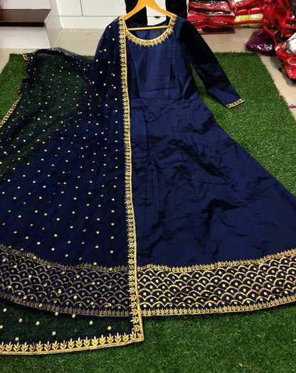 Classic Blue Color Taffeta Silk Embroidered Work Dupatta Gown For Women