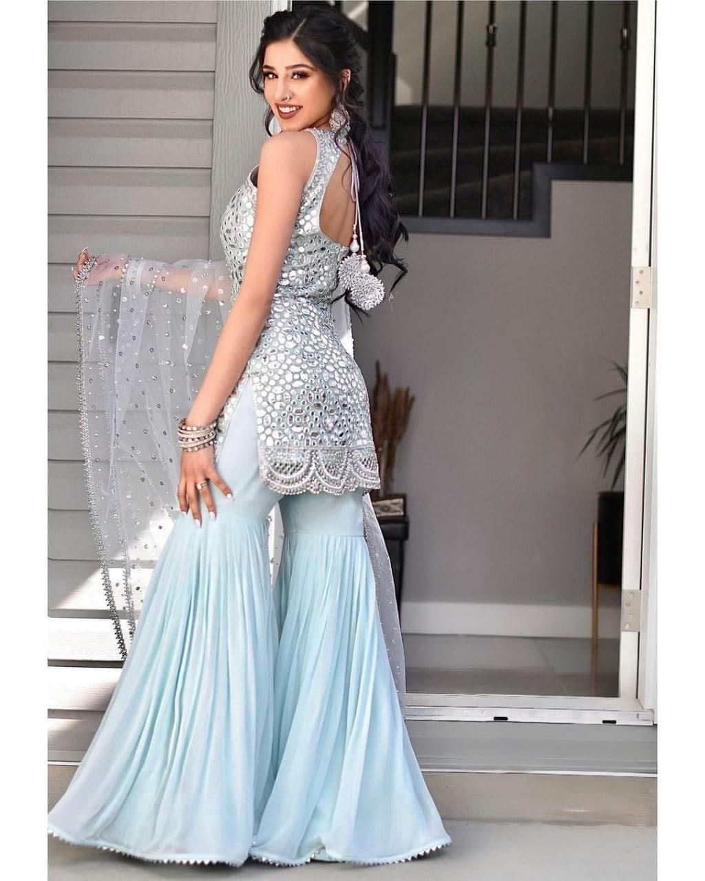 Dismaying Light Blue Color Embroidered Work Georgette Plazo Salwar Suit