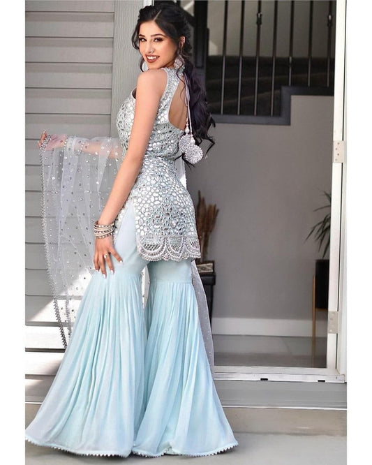 Dismaying Light Blue Color Embroidered Work Georgette Plazo Salwar Suit