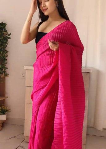 Attractive Rani Pink Color Pleated Design Work Georgette Saree Blouse