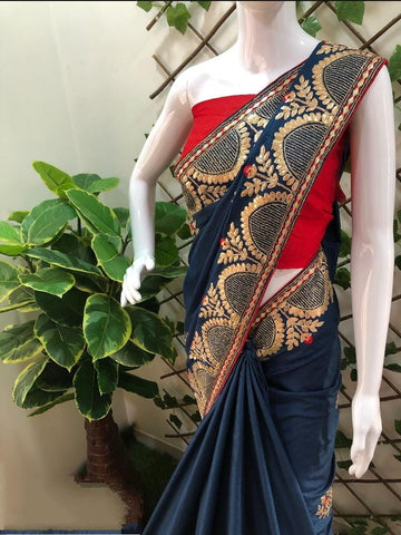 Navy Blue Color Dola Silk Gotta Patti Work Design Designer Saree Blouse