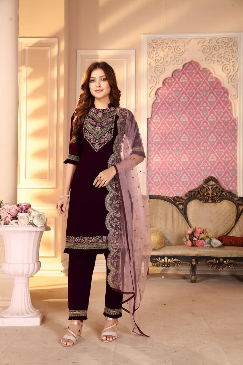 Appealing Wine Color Faux Georgette Embroidered Work Party Wear Suit