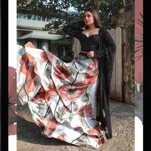 Black Color Designer Festive Wear Italian Silk Three Layers Digital Printed Latest Design Lehenga Choli