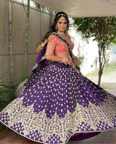 Good-looking Violet Color Taffeta Silk Embroidered Work Lehenga Choli For Wedding Wear