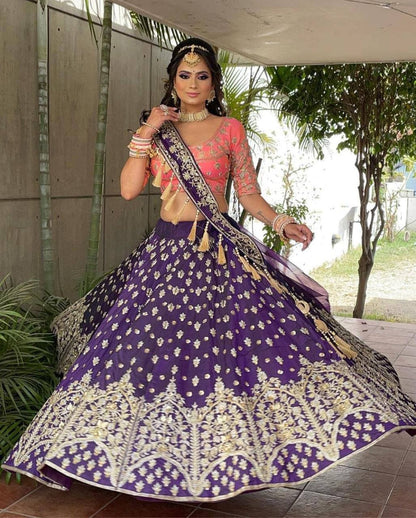 Good-looking Violet Color Taffeta Silk Embroidered Work Lehenga Choli For Wedding Wear