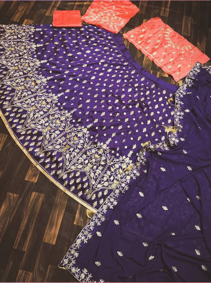 Good-looking Violet Color Taffeta Silk Embroidered Work Lehenga Choli For Wedding Wear