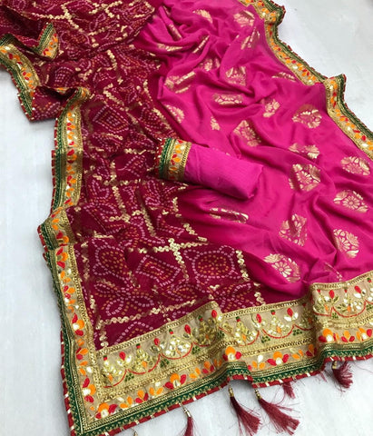 Rani Pink Color Bandhani Soft Georgette Foil Mill Printed Work Festive Wear Designer Saree Blouse