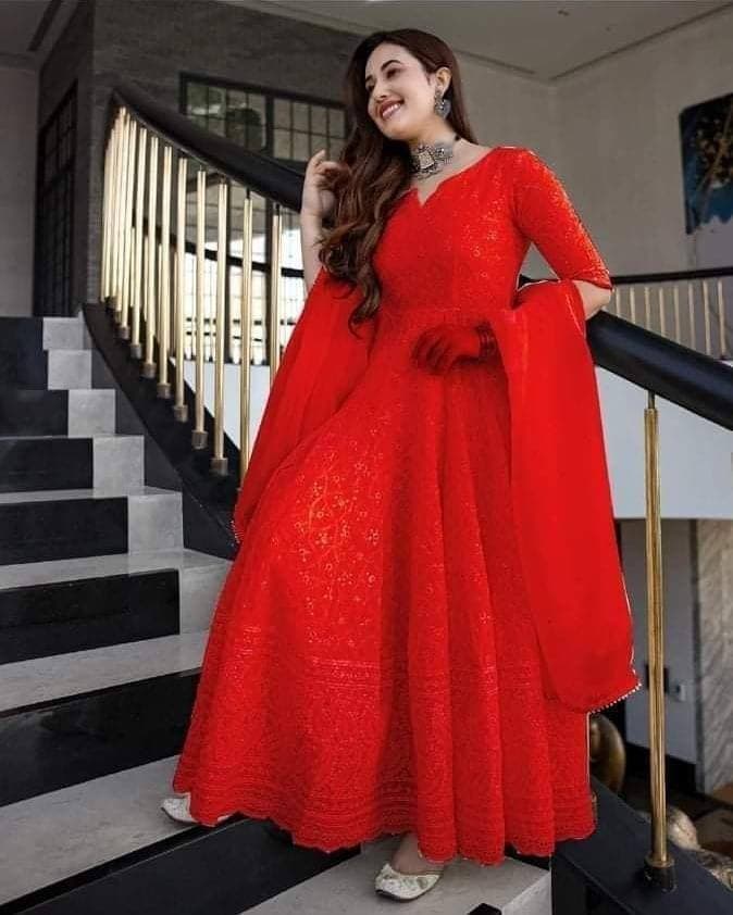 Classic Red Color Designer Georgette chain Work Gown Dupatta For Women
