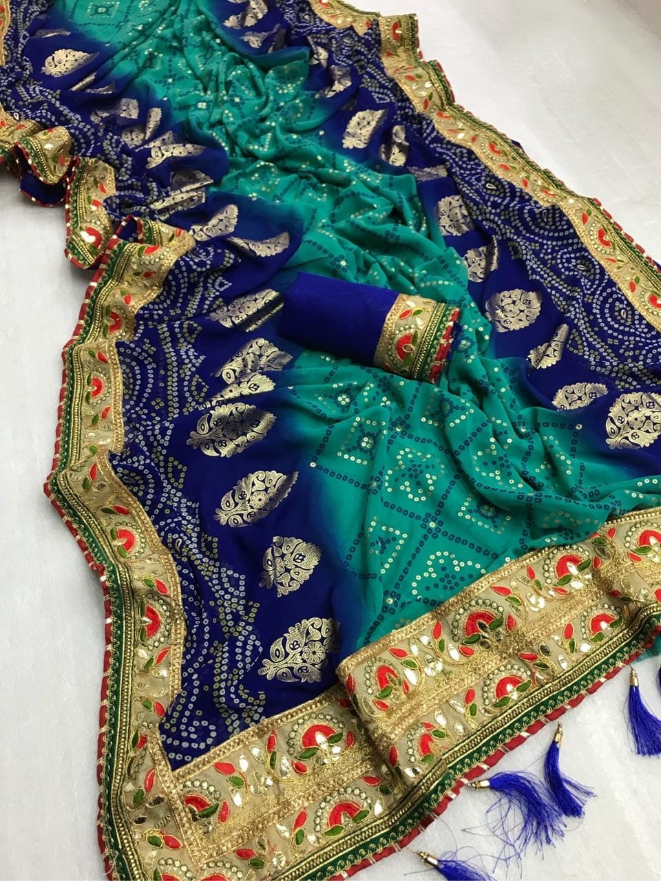 Demanding Blue Color Bandhani Georgette Soft Foil Printed Mill Work Party Wear Designer Saree Blouse