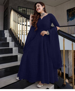 Refreshing Navy Blue Color Ready Made Chain Work Georgette Dupatta Gown Design