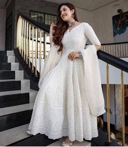 Marvelous White Color Georgette Chain Work Full Stitched Dupatta Gown For Casual Wear