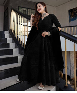 Innovation Black Color Georgette Chain Work Ready Made Dupatta Gown