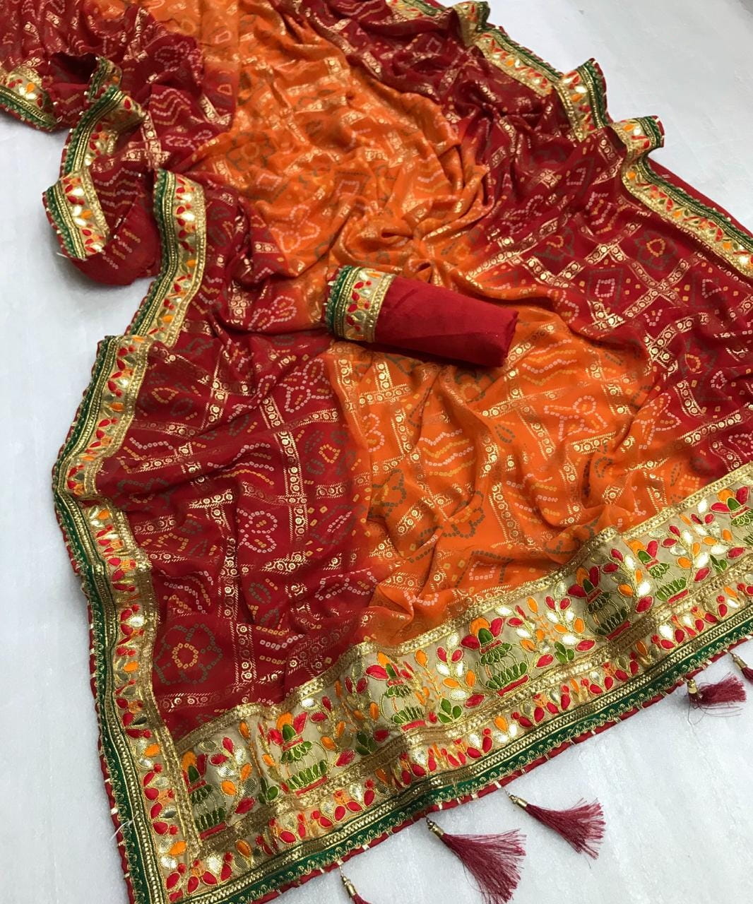 Red Color Festival Wear Soft Georgette Bandhani Designer Printed Foil Mill Work Designer Saree Blouse