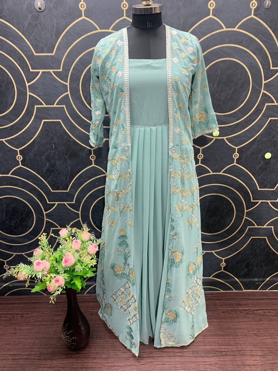 Dazzling Light Blue Color Chain Work Georgette Dupatta Gown For Women