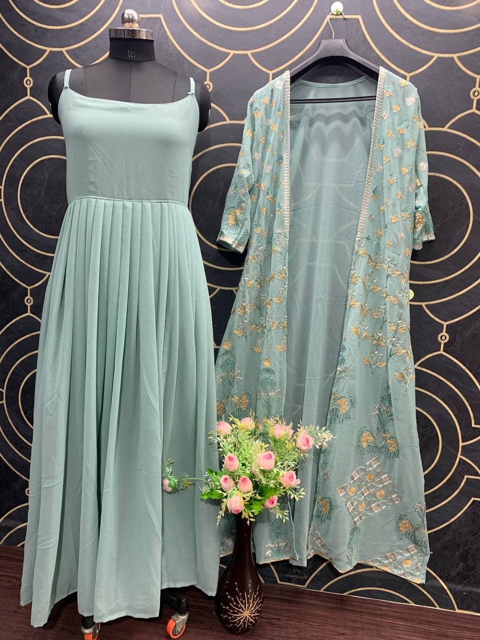 Dazzling Light Blue Color Chain Work Georgette Dupatta Gown For Women