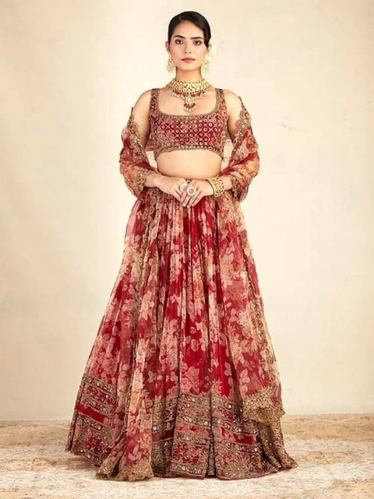Enhancing Red Color Organza Embroidered Printed Work Wedding Wear Lehenga Choli