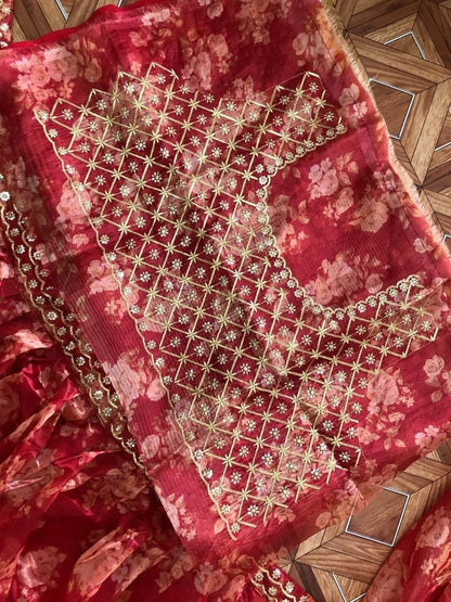 Enhancing Red Color Organza Embroidered Printed Work Wedding Wear Lehenga Choli
