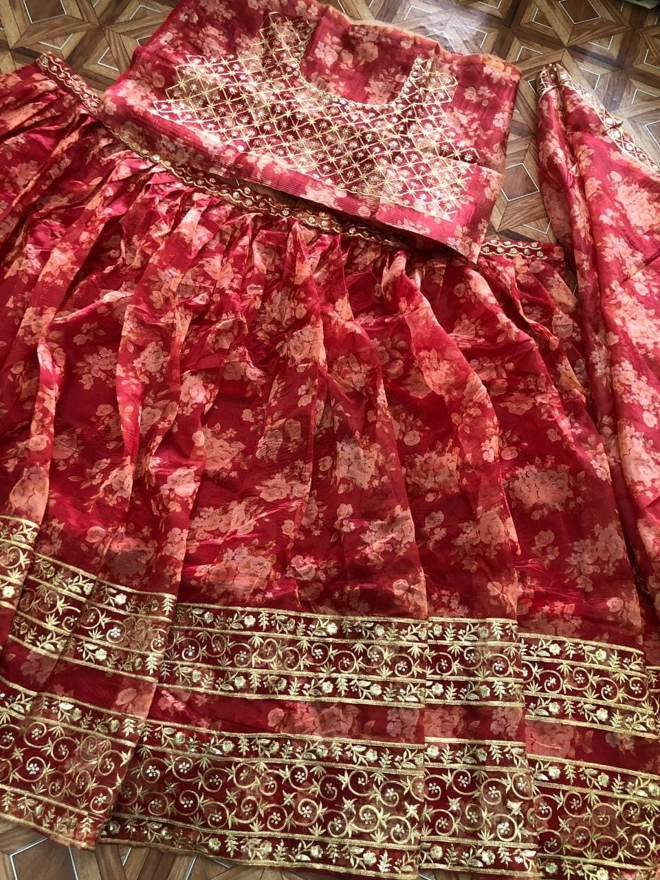 Enhancing Red Color Organza Embroidered Printed Work Wedding Wear Lehenga Choli