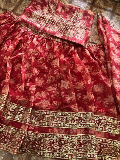 Enhancing Red Color Organza Embroidered Printed Work Wedding Wear Lehenga Choli