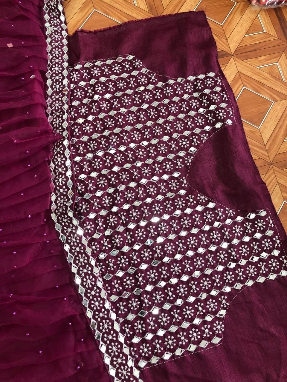 Adorable Wine Color Function Wear Net Mirror Moti Work Lehenga Choli