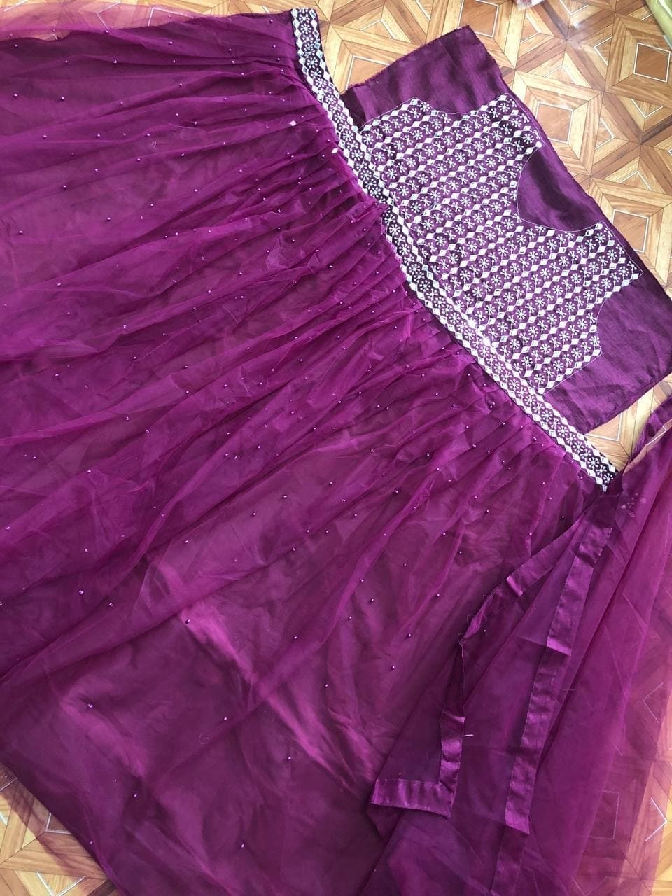 Adorable Wine Color Function Wear Net Mirror Moti Work Lehenga Choli