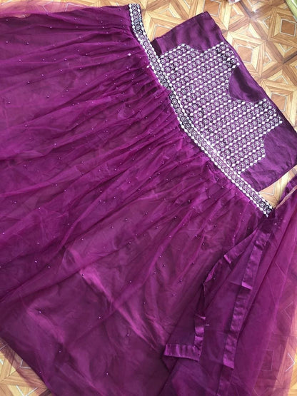 Adorable Wine Color Function Wear Net Mirror Moti Work Lehenga Choli
