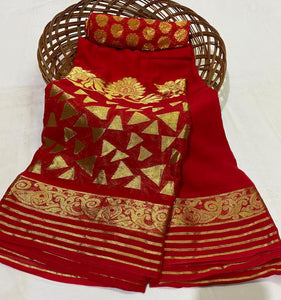 Ravishing Red Color Zari Weaving Triangle Design Soft Georgette Wedding Wear Designer Saree Blouse