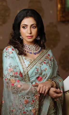 Alluring Light Blue Color Organza Multi Sequence Work Festive Wear Saree Blouse