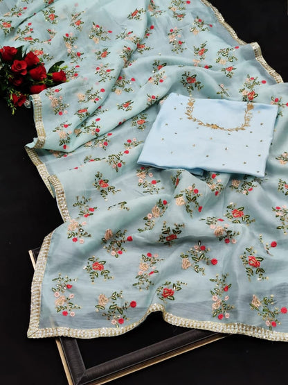 Alluring Light Blue Color Organza Multi Sequence Work Festive Wear Saree Blouse
