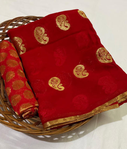 Red Color Mango Design Fancy Soft Georgette Zari Weaving Work Designer Saree Blouse