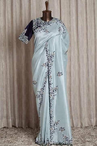 Lovable Grey Color Rangoli Silk Thread Work Wedding Wear Saree Blouse