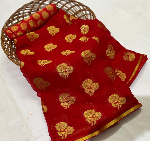 Red Color Festive Wear Soft Georgette Designer Weaving Fancy Zari Work Designer Saree Blouse