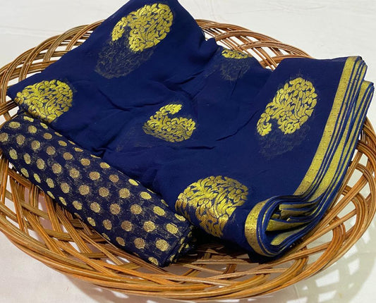 Dark Blue Color Soft Georgette Zari Weaving Work Party Wear Designer Saree Blouse