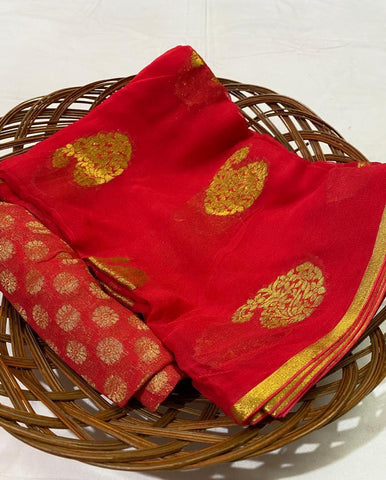 Red Color Festival Wear Soft Georgette Fancy Weaving Zari Work Designer Saree Blouse