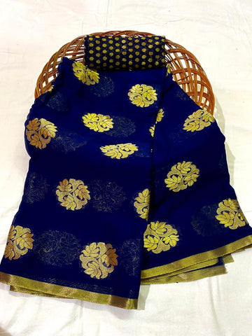 Royal Blue Color Soft Georgette Weaving Flower Zari Golden Design Designer Saree Blouse