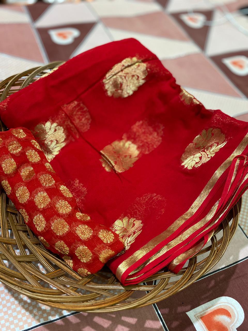 Red Color Weaving Golden Zari Design Soft Georgette Party Wear Designer Saree Blouse