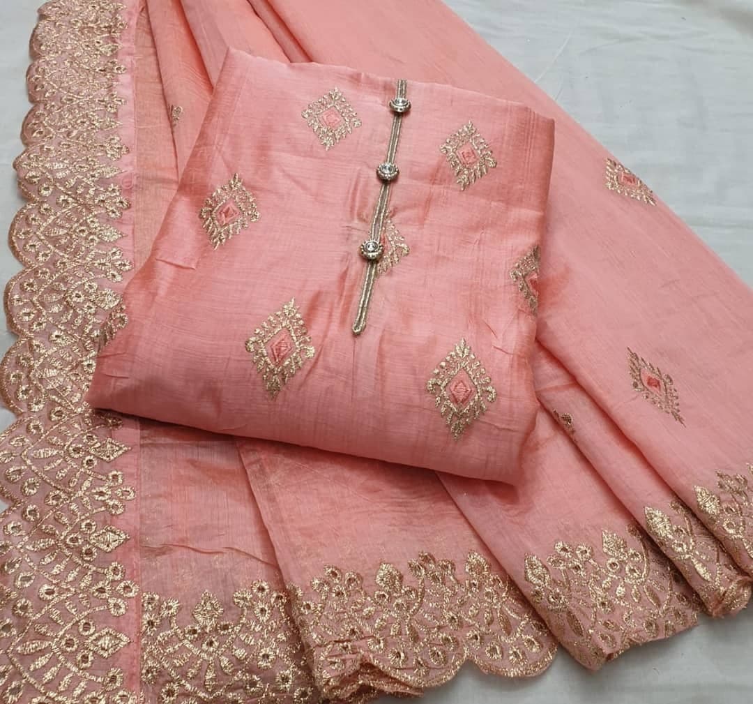 Flattering Pink Color Designer Chanderi Hand Work Salwar Suit For Women