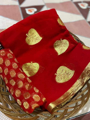Red Color Soft Georgette Leaf Golden Zari Weaving Design Designer Saree Blouse