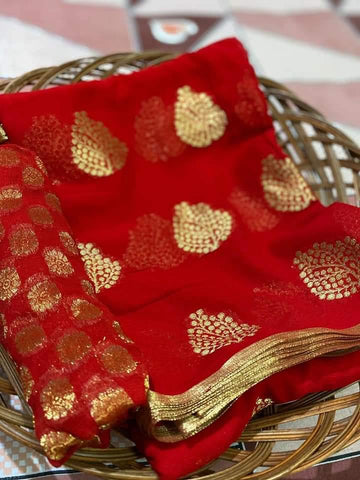Red Color Golden Weaving Zari Design Work Soft Georgette Party Wear Designer Saree Blouse
