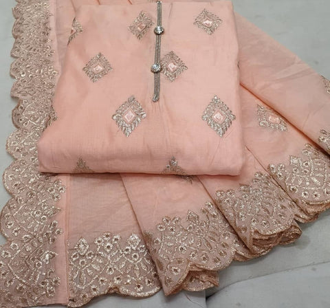 Winning Peach Color Chanderi Hand Work Regular Wear Salwar Suit
