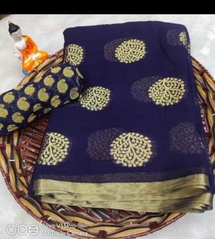 Navy Blue Color Golden Flower Zari Weaving Design Soft Georgette Designer Saree Blouse