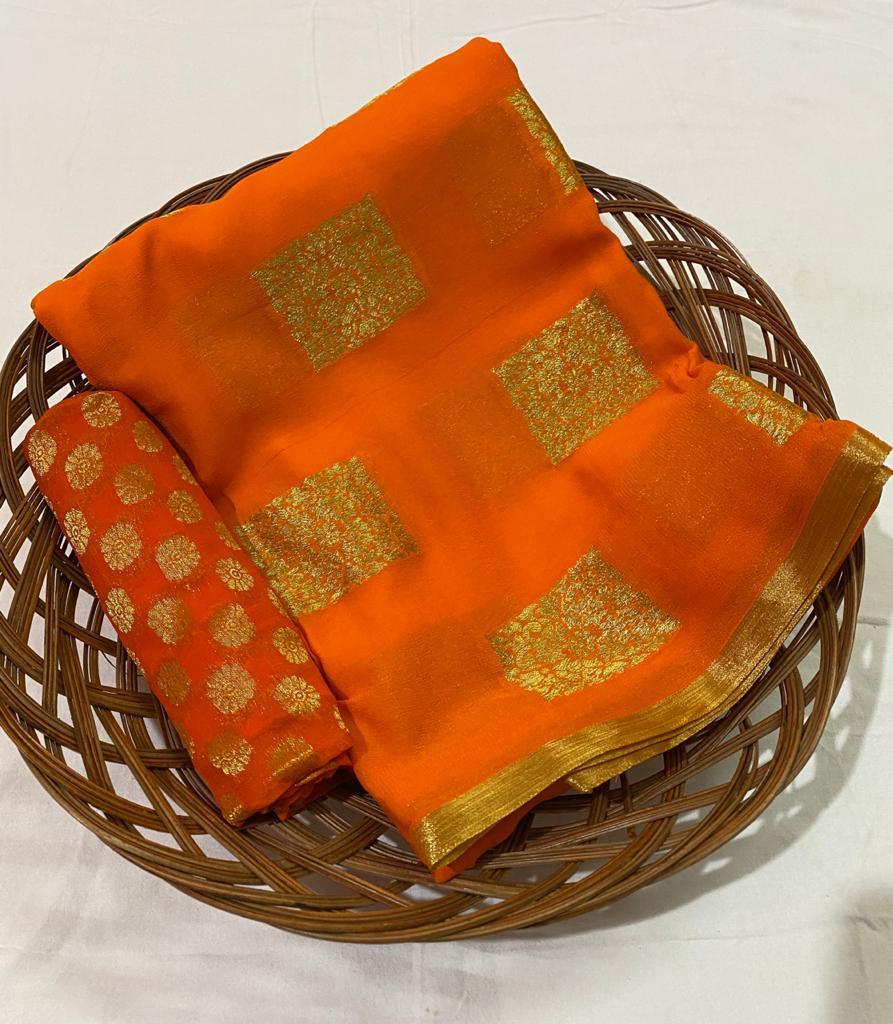 Orange Color Fancy Zari Golden Weaving Work Designer Soft Georgette Festive Wear Designer Saree Blouse