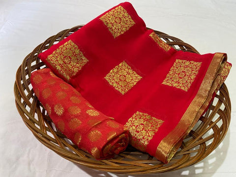 Red Color Soft Georgette Weaving Golden Design Zari Work Wedding Wear Designer Saree Blouse