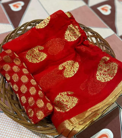 Red Color Designer Golden Mango Design Weaving Zari Work Soft Georgette Wedding Wear Designer Saree Blouse