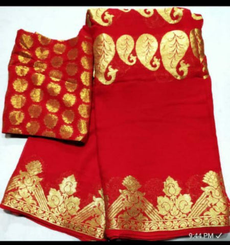 Red Color Occasion Wear Designer Soft Georgette Golden Zari Weaving Rich Pallu Designer Saree Blouse