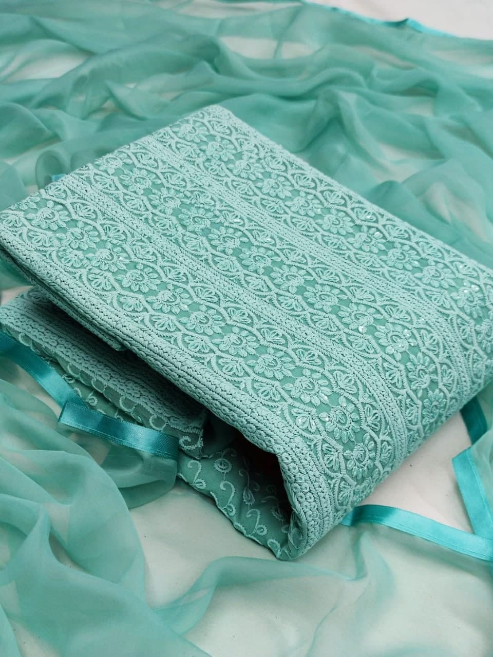 Magnetic Sea Green Color Chiffly Work Chiffon Party Wear Salwar Suit