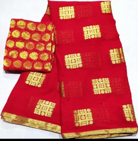 Red Color Checked Zari Golden Weaving Design Soft Georgette Festival Wear Designer Saree Blouse
