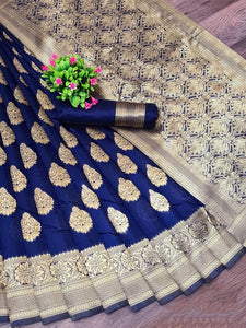Knockout Navy Blue Color Fancy Lichhy Silk Zari Jacquard Design With Rich Pallu Saree Blouse For Wedding Wear