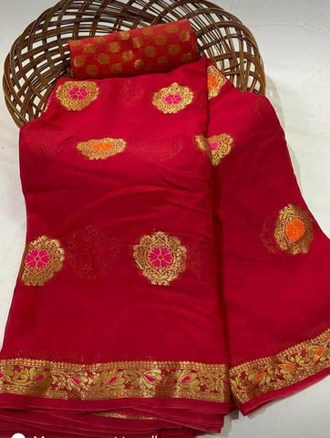 Function Wear Red Color Flower Weaving Zari Golden Design Soft Georgette Designer Saree Blouse