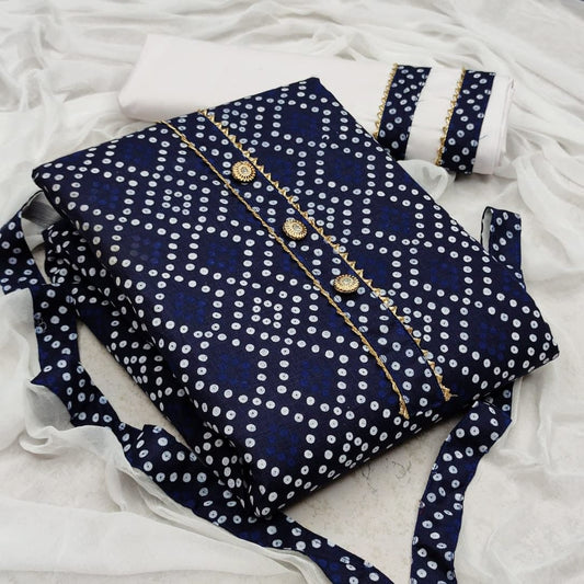 Sensational Navy Blue Color Casual Wear Printed Work Cotton Salwar Suit
